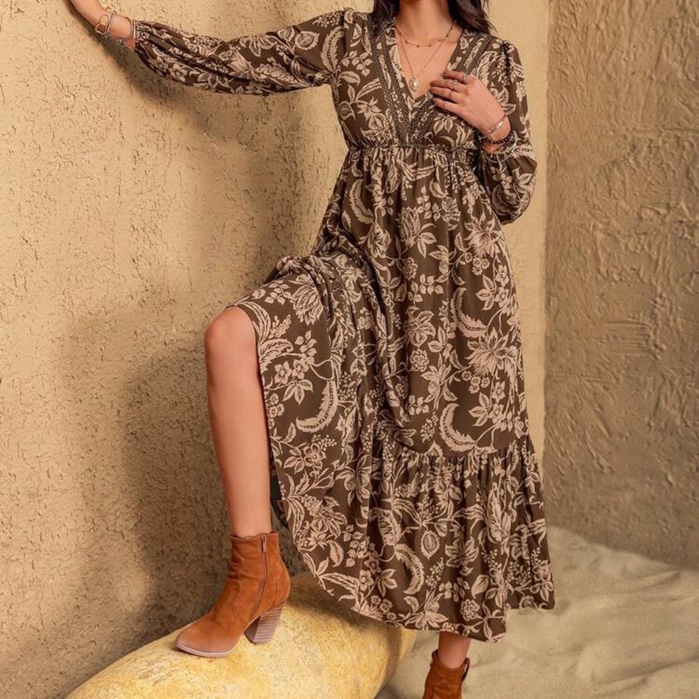 Chic Brown Floral Long Sleeve Dress